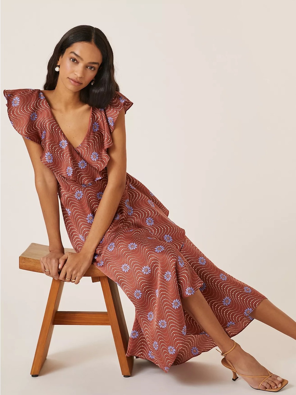 Anthropologie Rust Floral Midi Dress with Lavender Accents